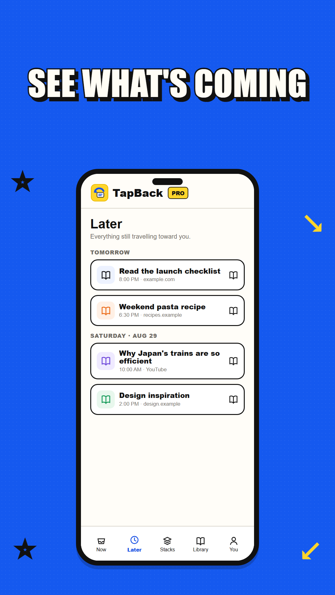 TapBack Later screen grouping upcoming links by date