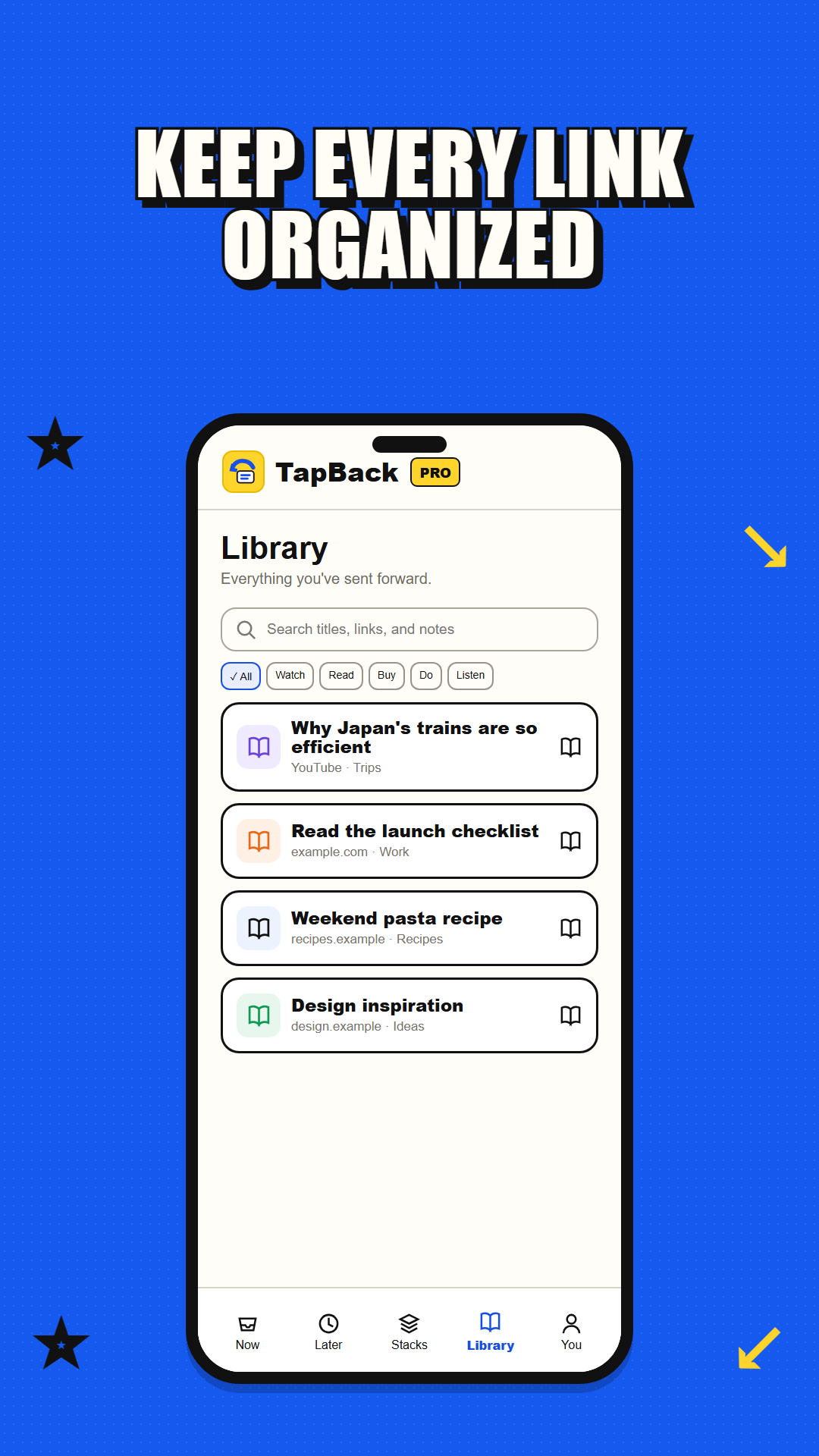 TapBack Library with search and category filters