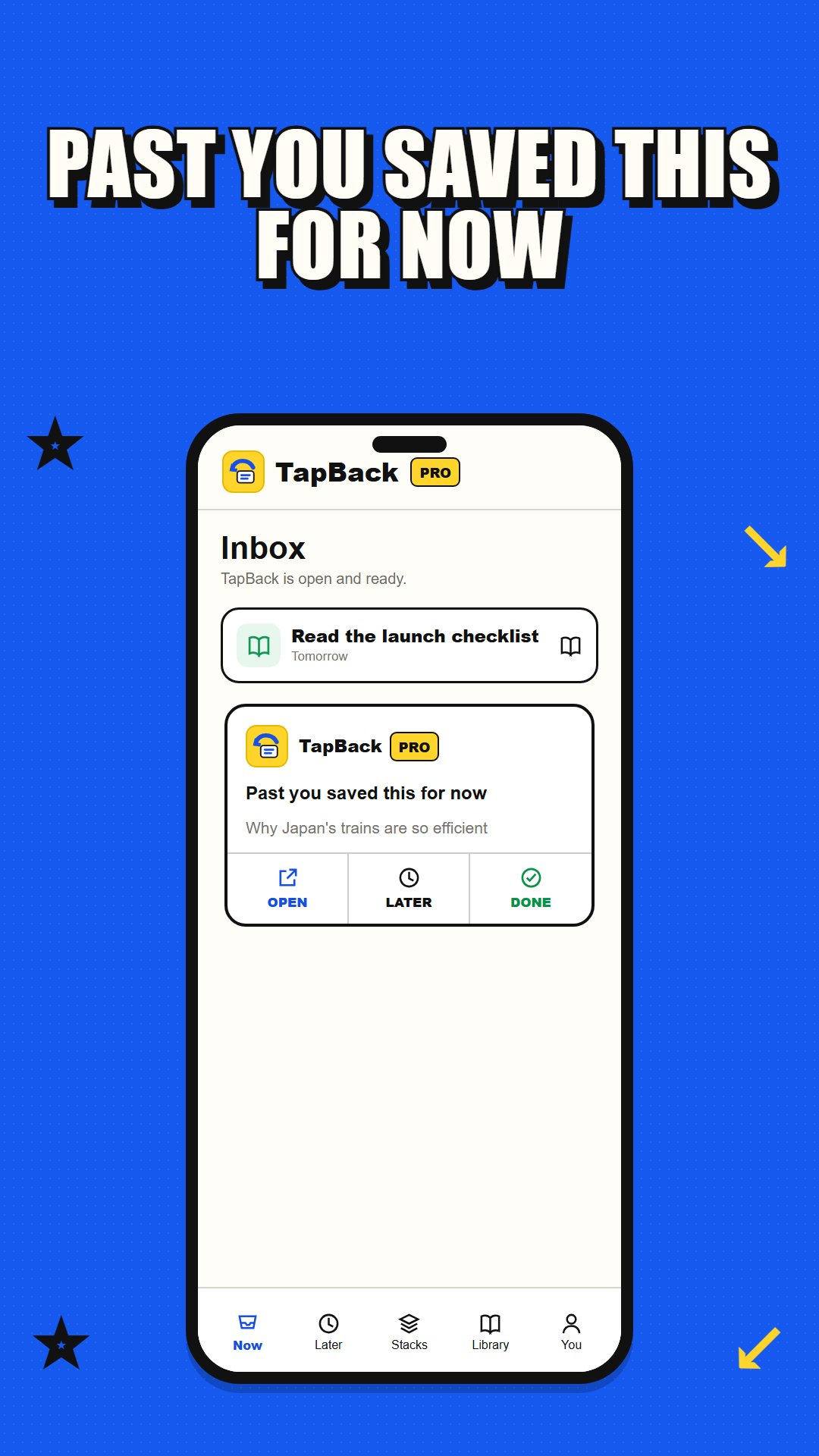 TapBack returning a saved link with Open, Later and Done actions