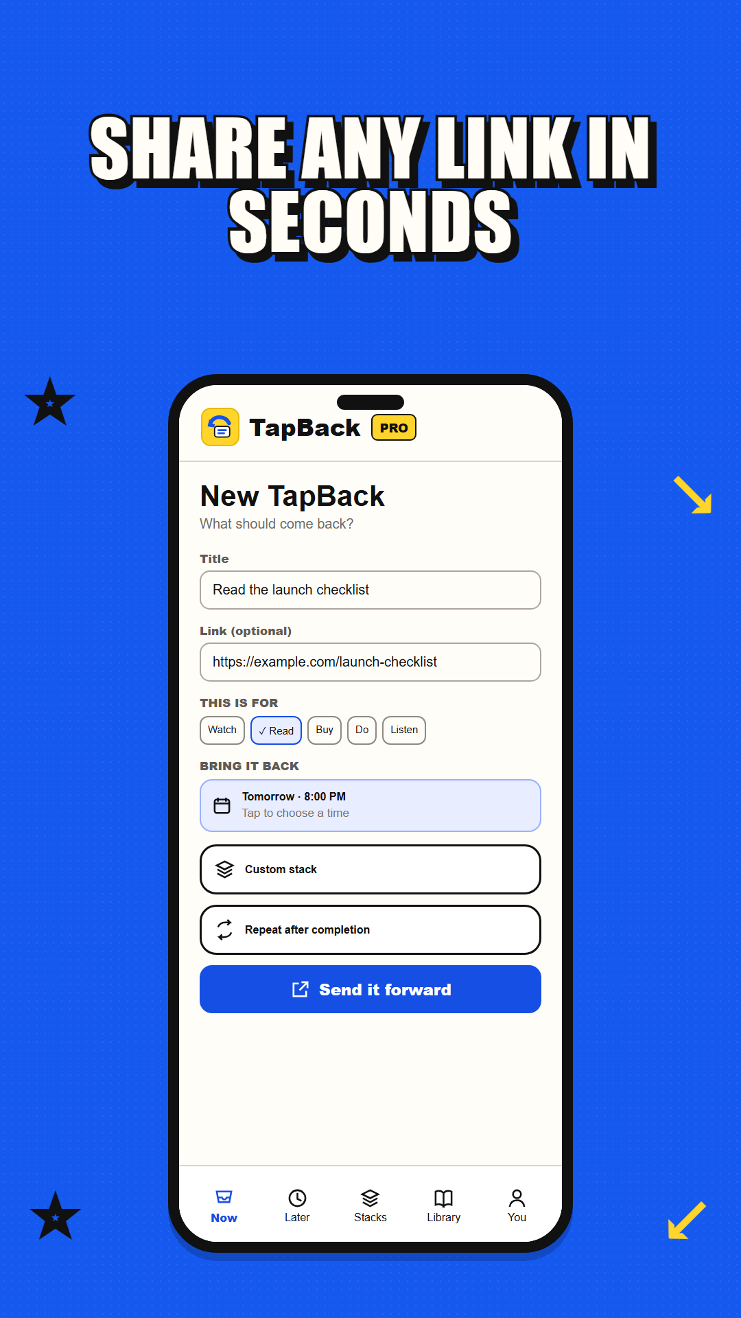 TapBack composer scheduling a shared link for tomorrow