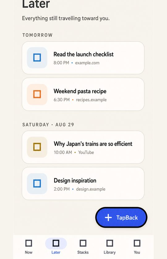 TapBack Later screen, grouping upcoming links by the date they return.
