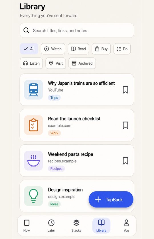 TapBack library showing saved and completed links organised by category.